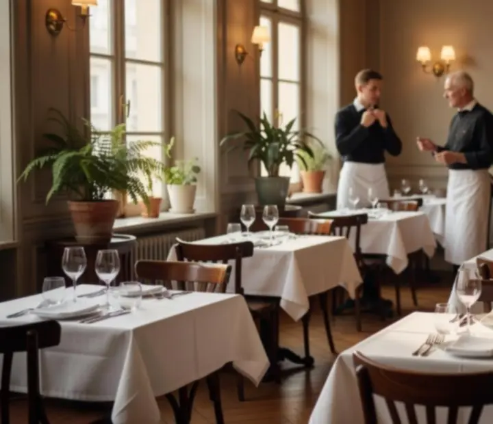 Salle à manger lumineuse d'un bistro français avec vue sur un salon de jeux discret