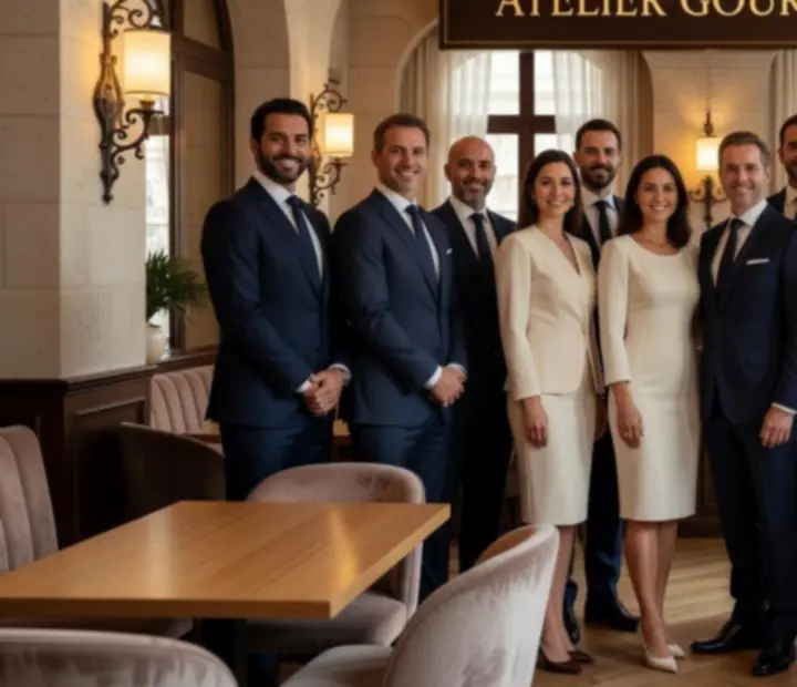 Équipe de direction d’Atelier Gourmand dans la salle du bistro avec vue sur le salon de jeux
