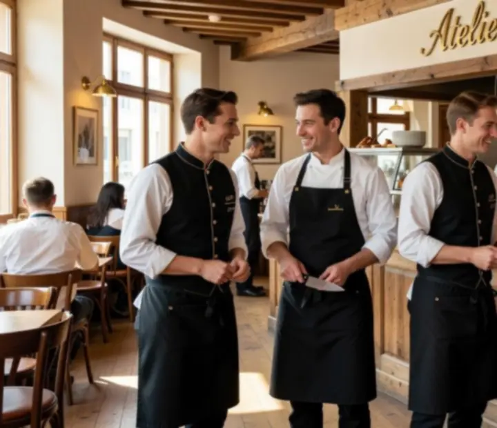 Ambiance chaleureuse d’Atelier Gourmand, équipe en service entre le bistro et le salon de jeux