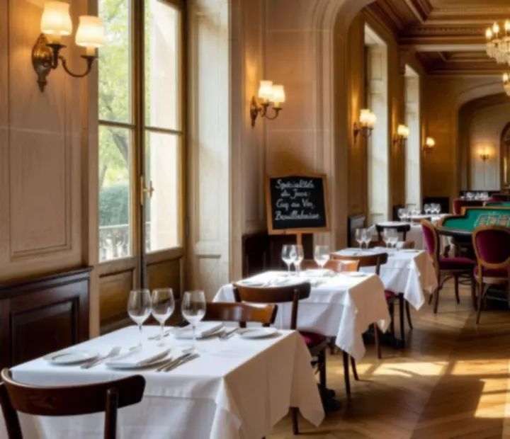 Intérieur lumineux d'un bistro français avec vue sur un salon de jeux offline