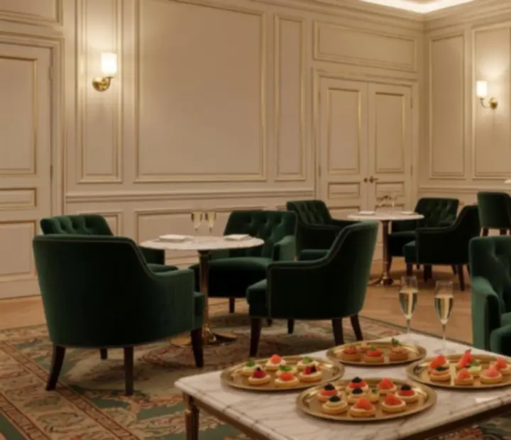 Salon privé Atelier Gourmand avec fauteuils de velours et ambiance dorée