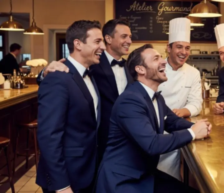 Équipe souriante de service en salle dans un bistro français élégant